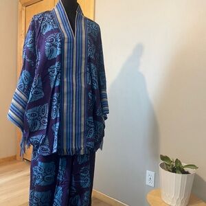Blue and Purple Patterned Kimono Set